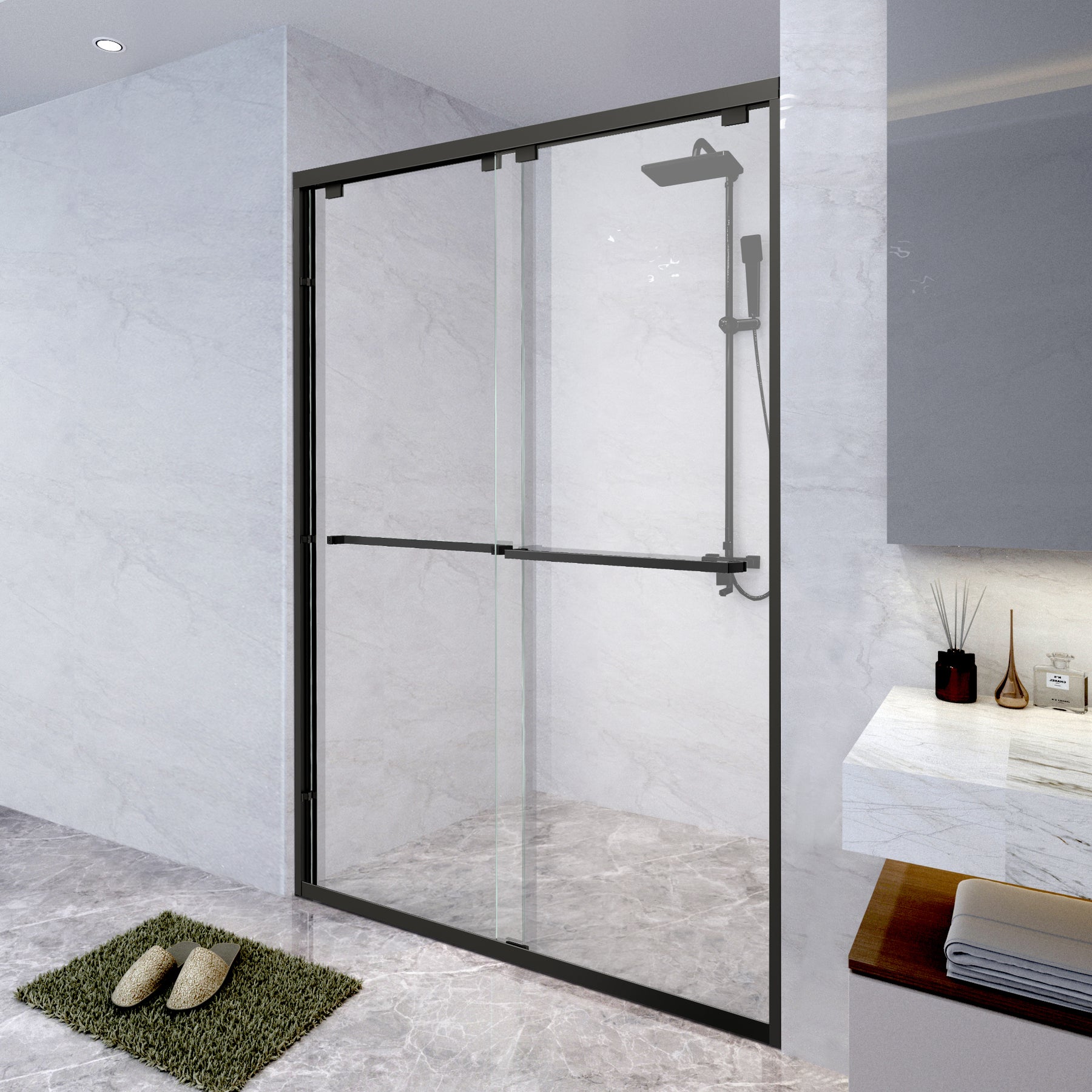SL4U Double Sliding Shower Doors Glass Shower, Black Hardware, 60'' W x 72''H