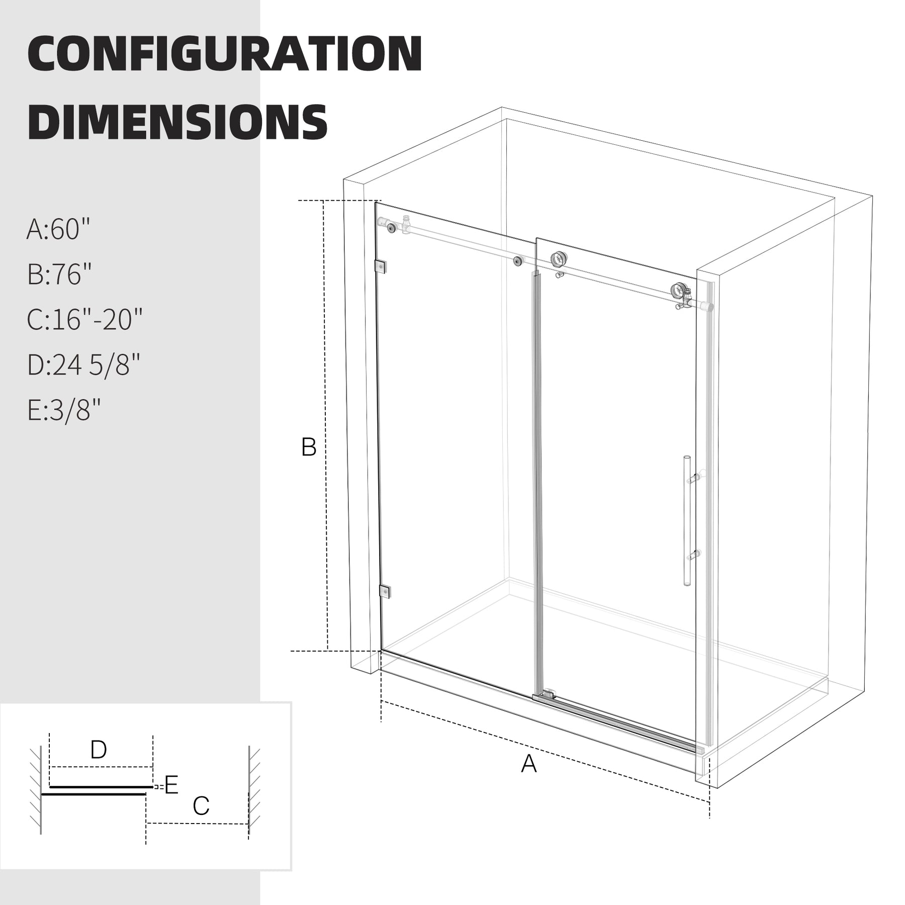 SL4U Glass Shower Doors, Frameless Shower Doors Black Hardware 60" W x 76" H.