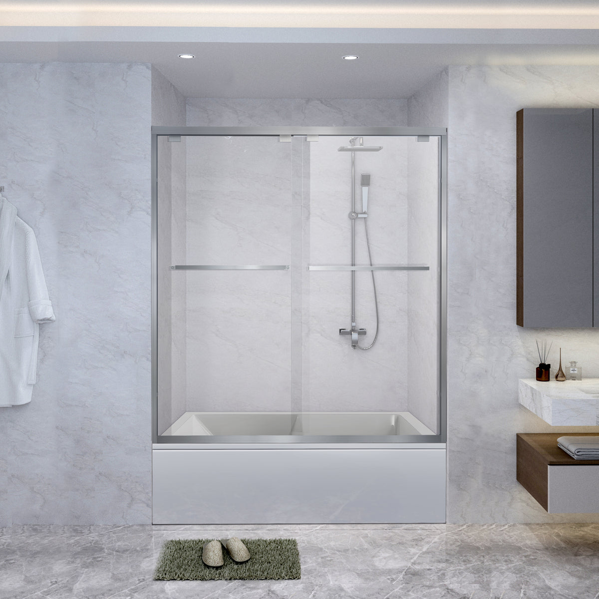 SL4U Sliding Tub Door, Glass Shower Door For Tub, Brushed Nickel Bathtub Shower Enclosure, 60"W x 58-62"H