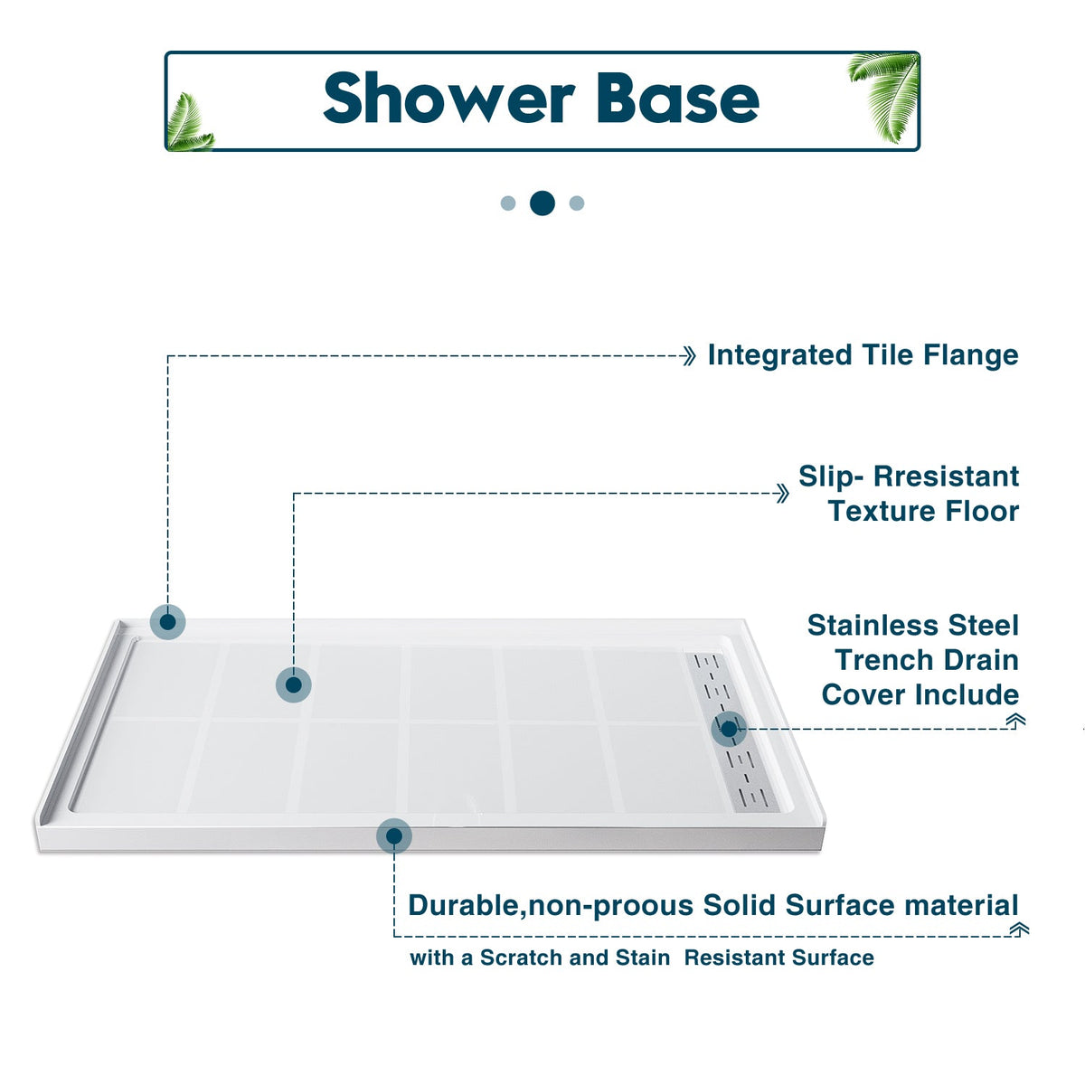 SL4U SMC Solid Shower Base for 48 x 32 Inch Shower Enclosure, Right Shower Drain Included, 32"D x 48"W x 4"H Shower Tray Base, White.