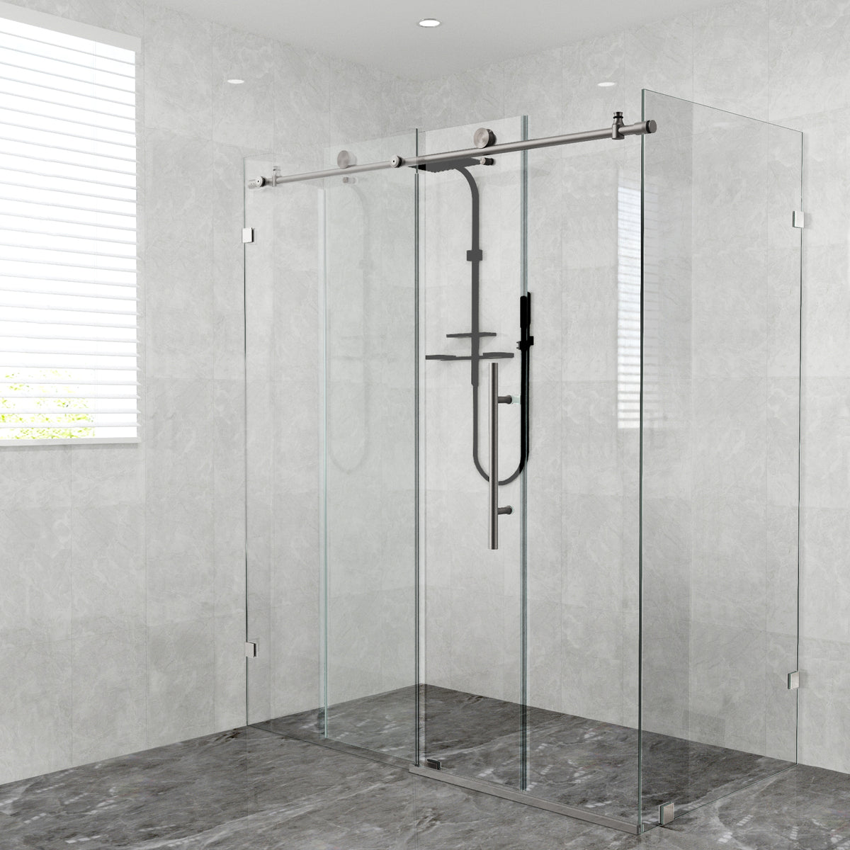 SL4U Frameless Sliding Shower Door With Side Panel, Brushed Nickel Stainless Steel.