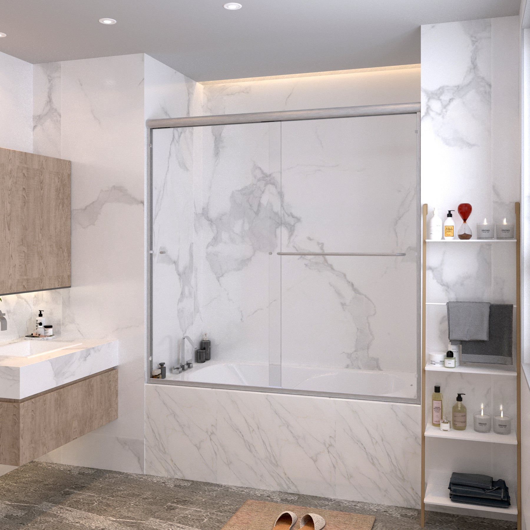 SL4U Bathroom Clear Glass Brushed Nickel Finish Framed Bathtub Double Sliding Shower, 60" W x 57 3/8" H Door.