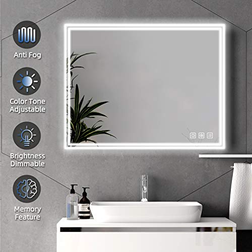 SL4U LED Dimmable Bathroom Mirror, Anti-Fog Wall Bathroom Vanity Mirror with Light, 36x28 Inch.