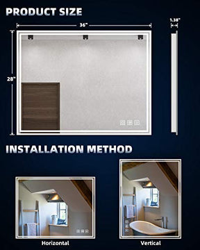 SL4U LED Dimmable Bathroom Mirror, Anti-Fog Wall Bathroom Vanity Mirror with Light, 36x28 Inch.
