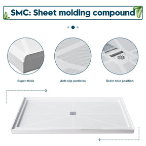 SL4U Shower Sheet Molding Compound(SMC) Shower Base for 60''W x 36''D Shower Enclosure, Center Shower Drain Included, 36"D x 60"W x 4"H Shower Tray Base, White.