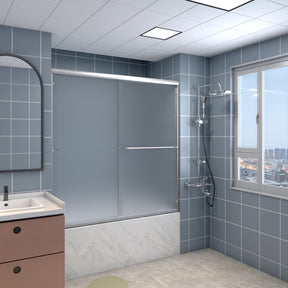 SL4U Bathroom Frosted Glass Brushed Nickel Finish Framed Bathtub Double Sliding Shower Door,  60" W x 57 3/8" H.
