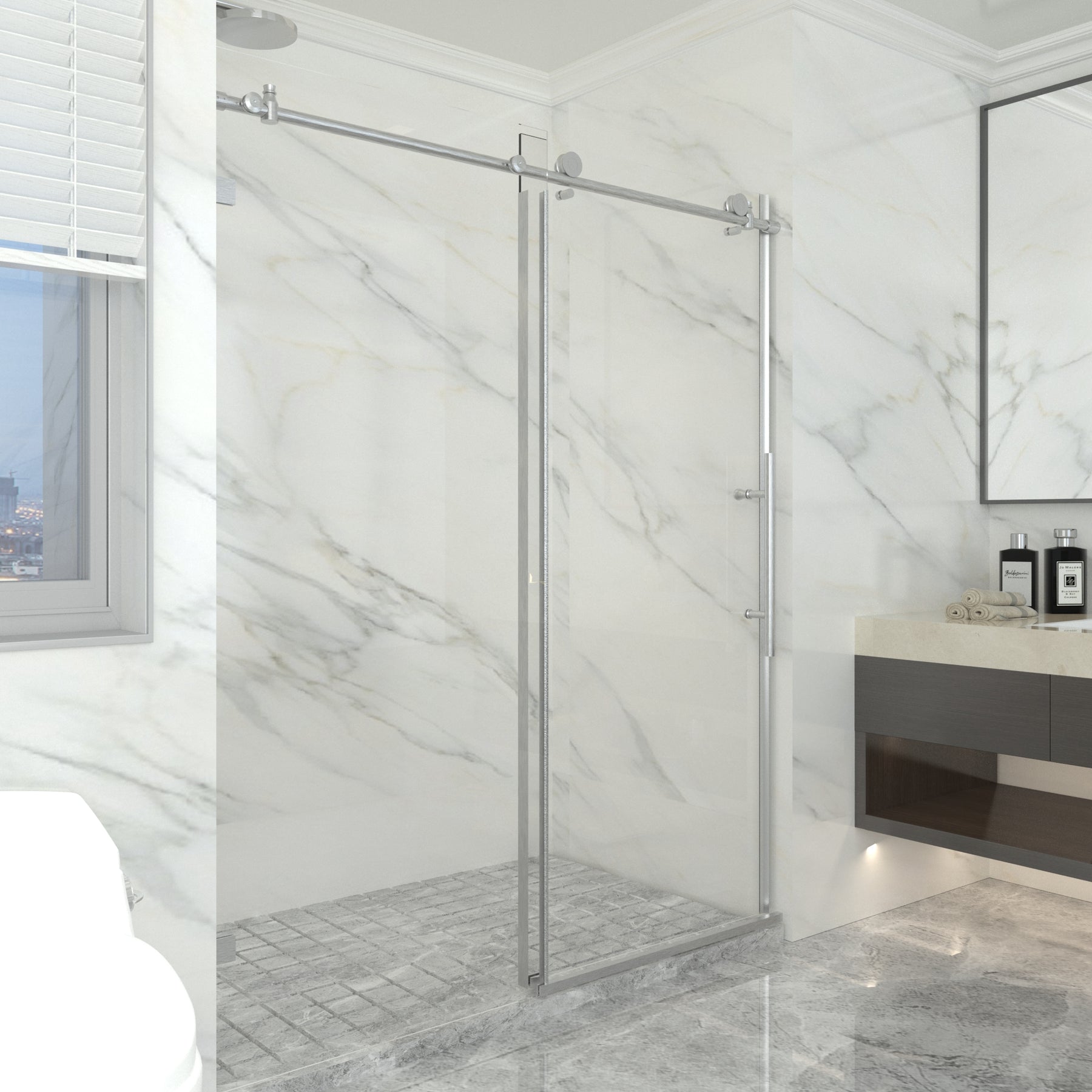Sunny Shower Fully Frameless Sliding Shower Doors, 3/8 Clear Glass, 60 W  x 72 H Shower Enclosure, Brushed Stainless Steel 