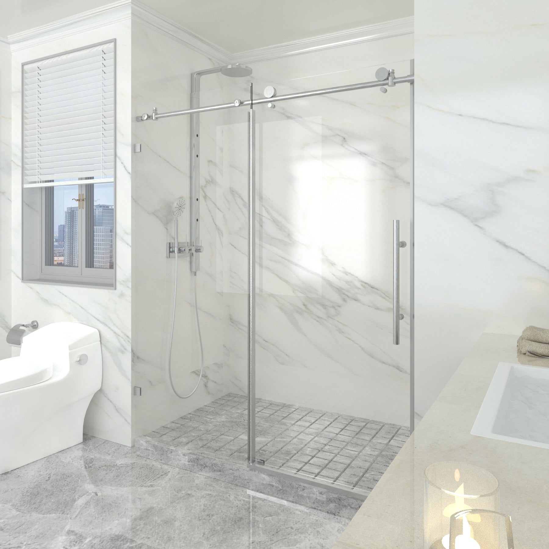 SL4U Frameless Sliding Shower Door with 3/8'' Clear Glass, Brushed Nickel Finish, 60'' W x 72-79'' H.
