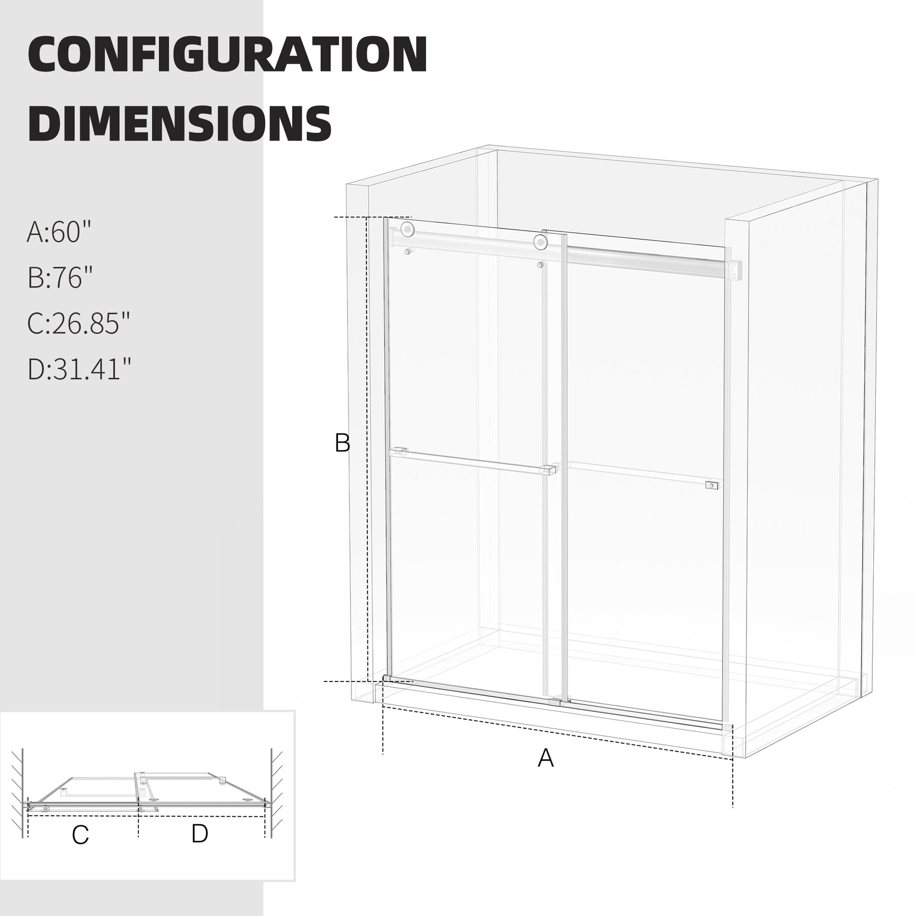 SL4U Frameless Shower Door 3/8" Clear Glass Sliding Door, Chrome Finish