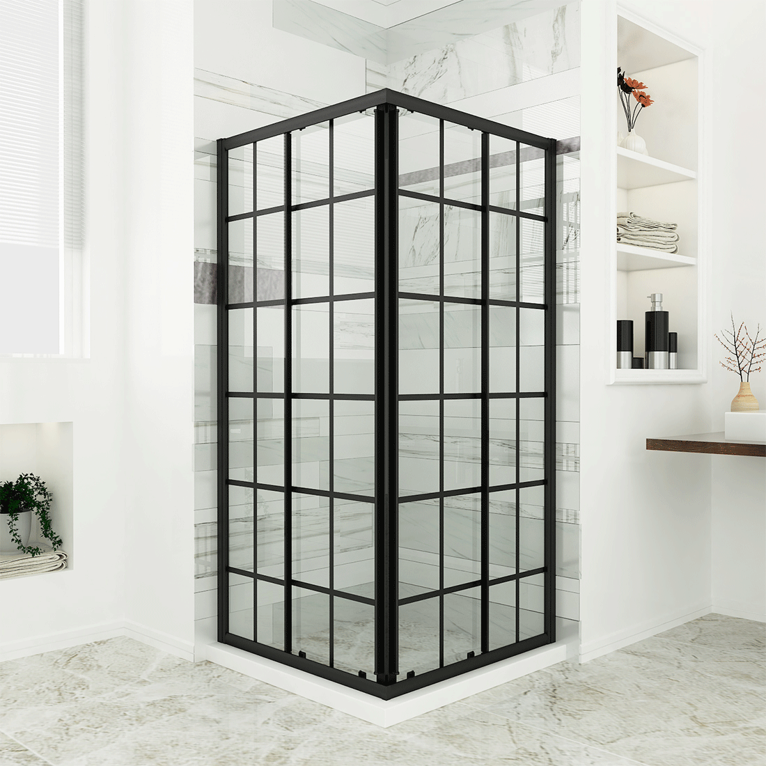 SL4U Shower Sliding Black Silk Screen Grid Pattern Corner Shower Door, Matte Black Framed, Opening Shower Clear Glass Shower Enclosure, 36''W x 36''D x 72''H.